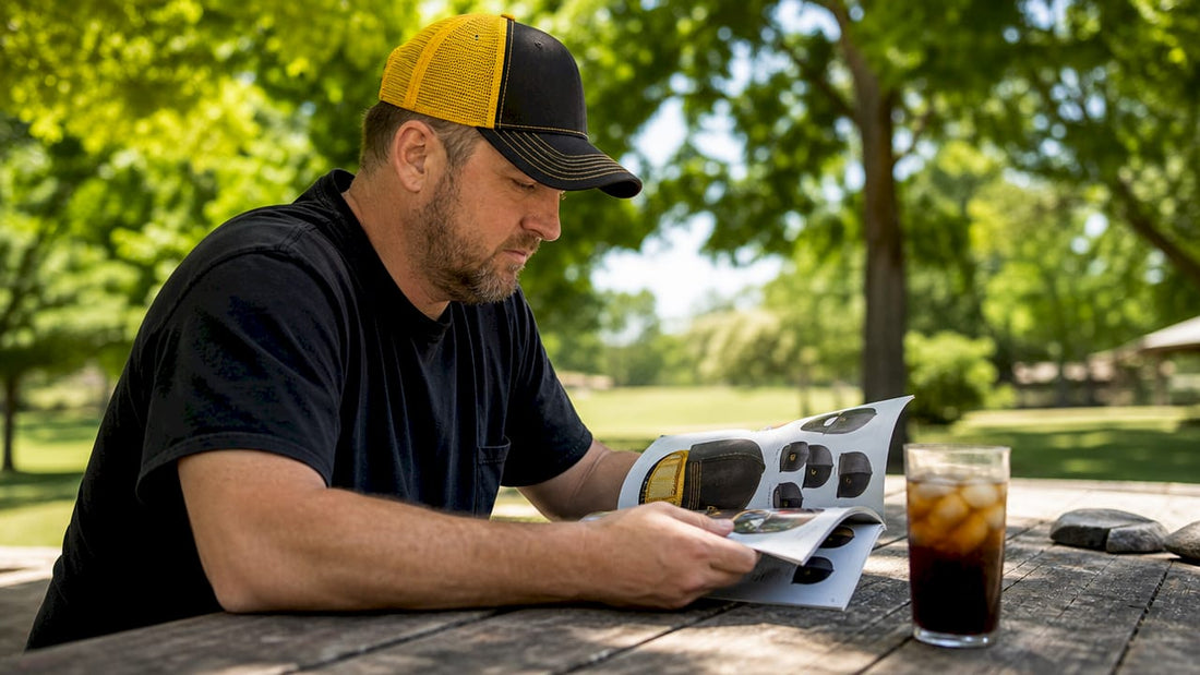 Truck driver reviewing trucker hats at diner