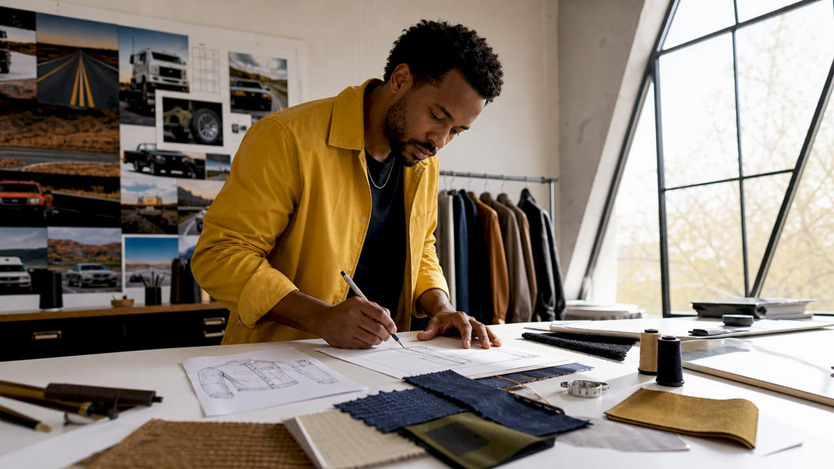 Fashion designer sketching highway-inspired clothing