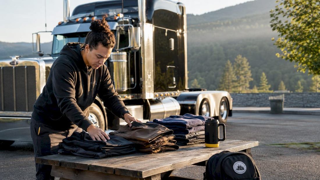 Truck driver organizing budget apparel in sleeper cab