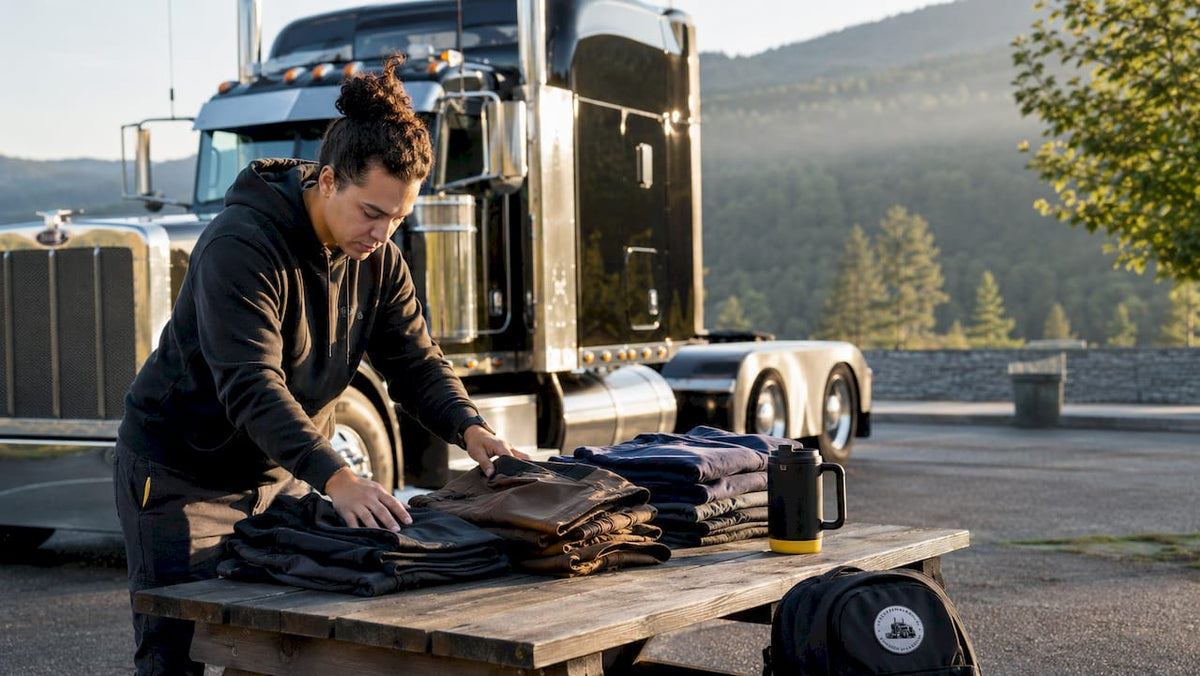 Truck driver organizing budget apparel in sleeper cab