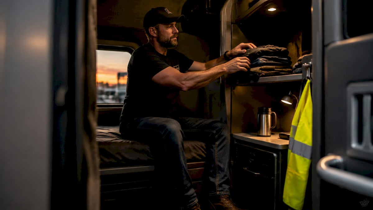 Trucker organizing clothing inside sleeper berth
