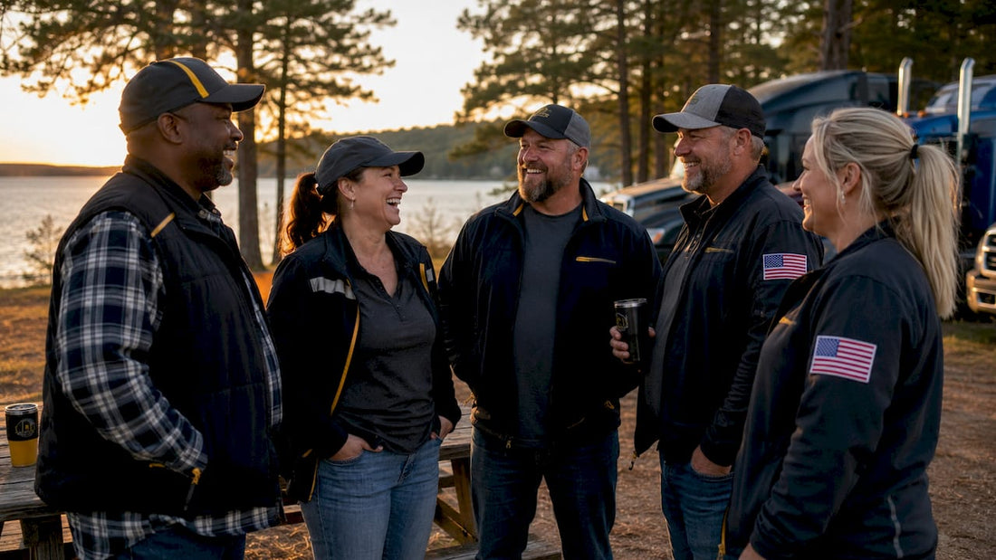 Truck drivers in branded apparel chatting outdoors