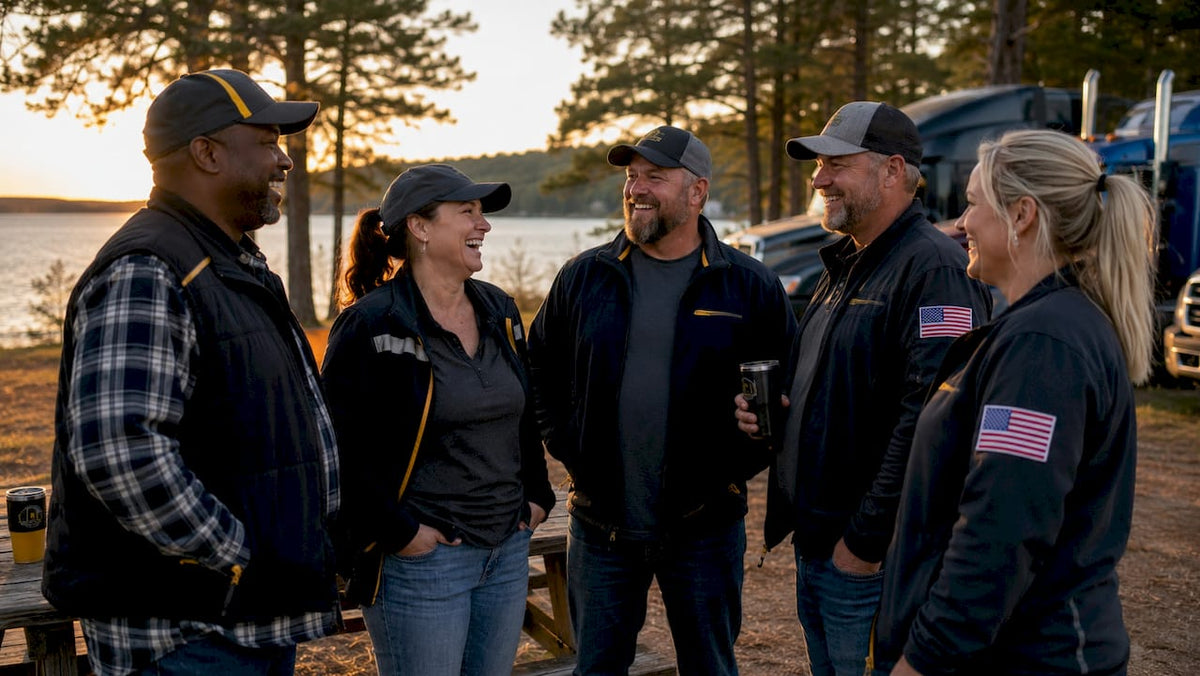 Truck drivers in branded apparel chatting outdoors