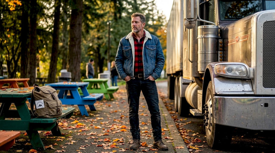 Man wearing denim trucker jacket at truck stop