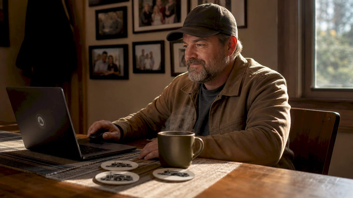 Truck driver browsing apparel website on laptop in home office