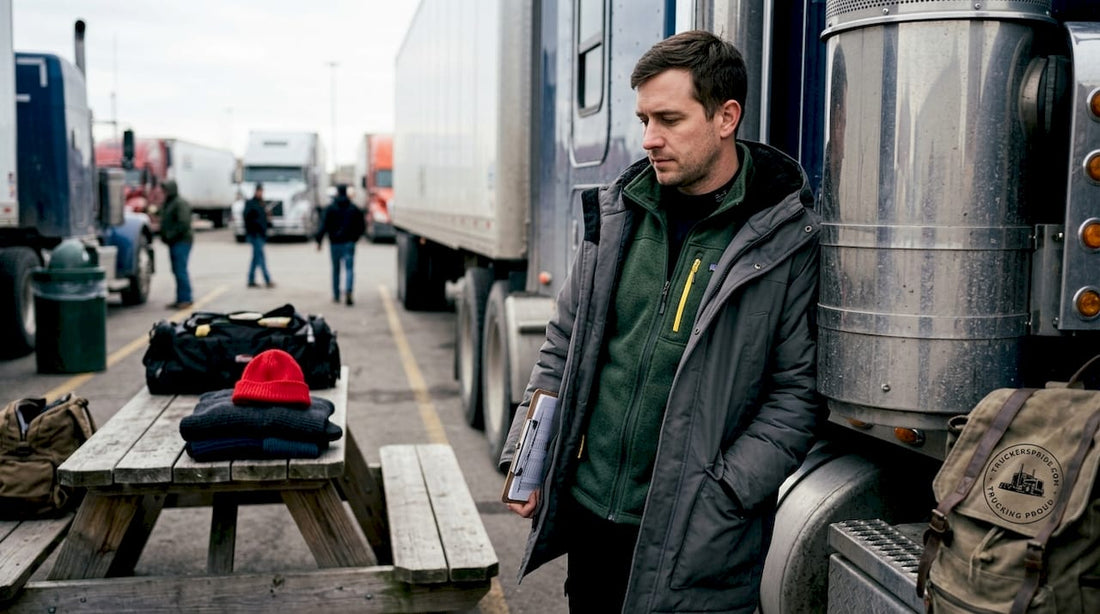Trucker checking seasonal clothing beside truck outdoors