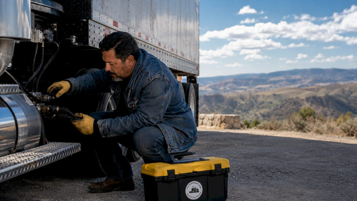 Truck driver inspecting vehicle outdoors