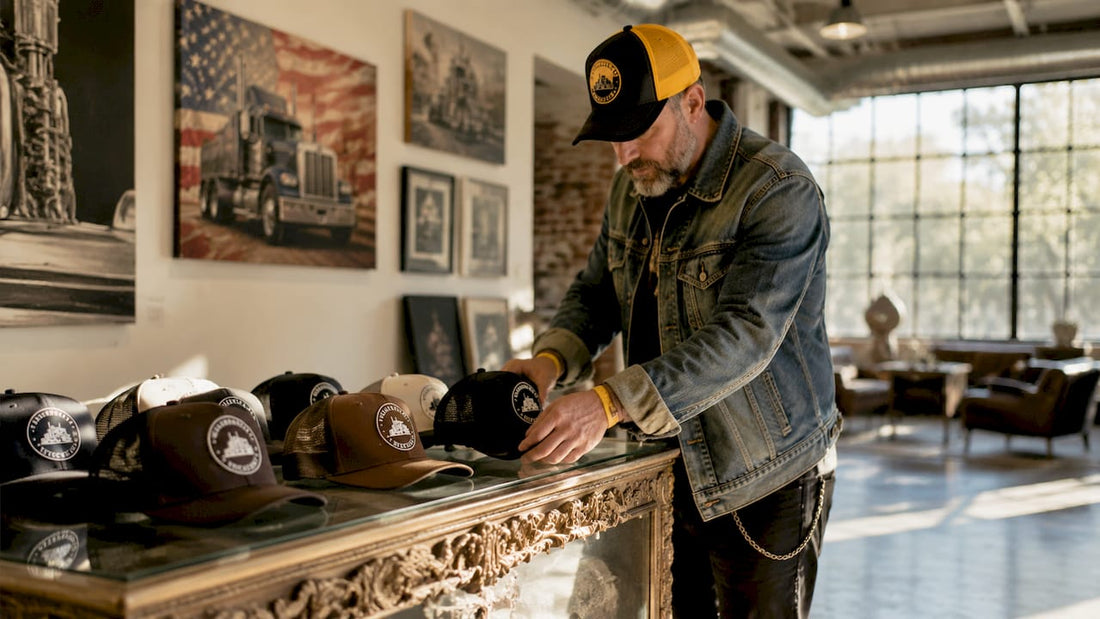 Man examining vintage trucker hats in workshop