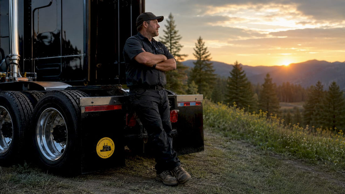 Truck driver in dark blue work attire beside semi-truck