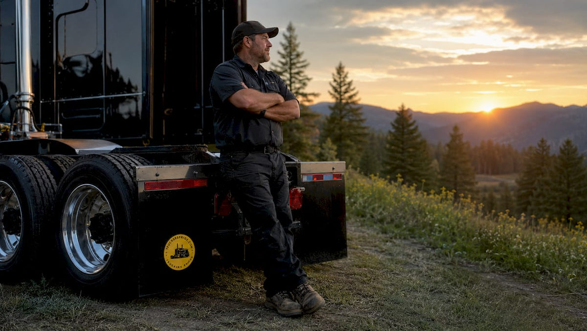 Truck driver in dark blue work attire beside semi-truck