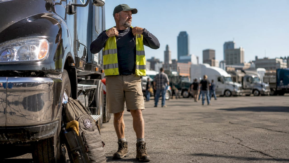 Truck driver preparing safety apparel outdoors