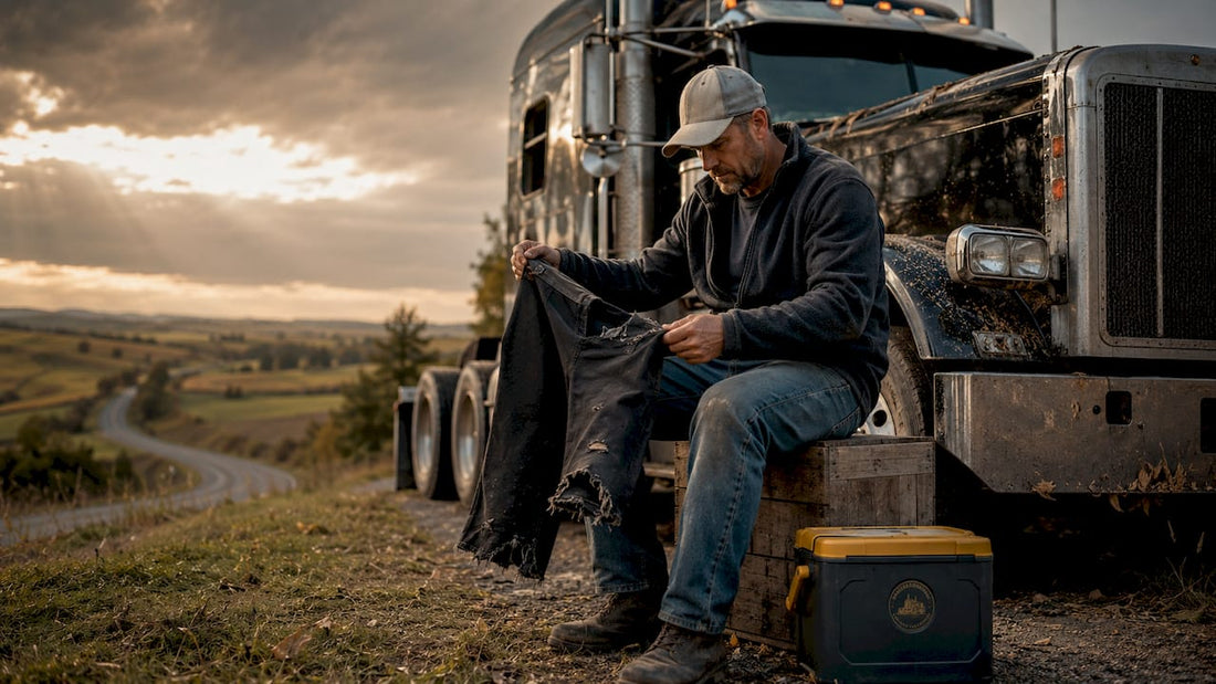 Trucker inspecting worn clothing by gravel road