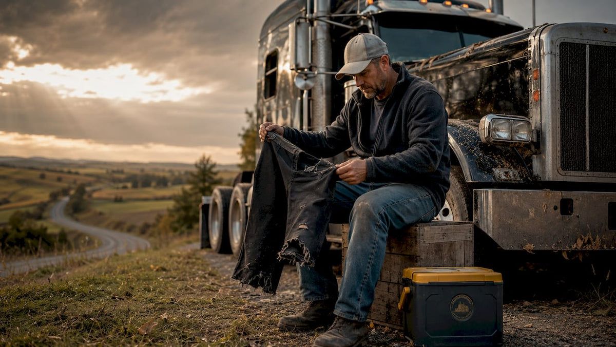 Trucker inspecting worn clothing by gravel road