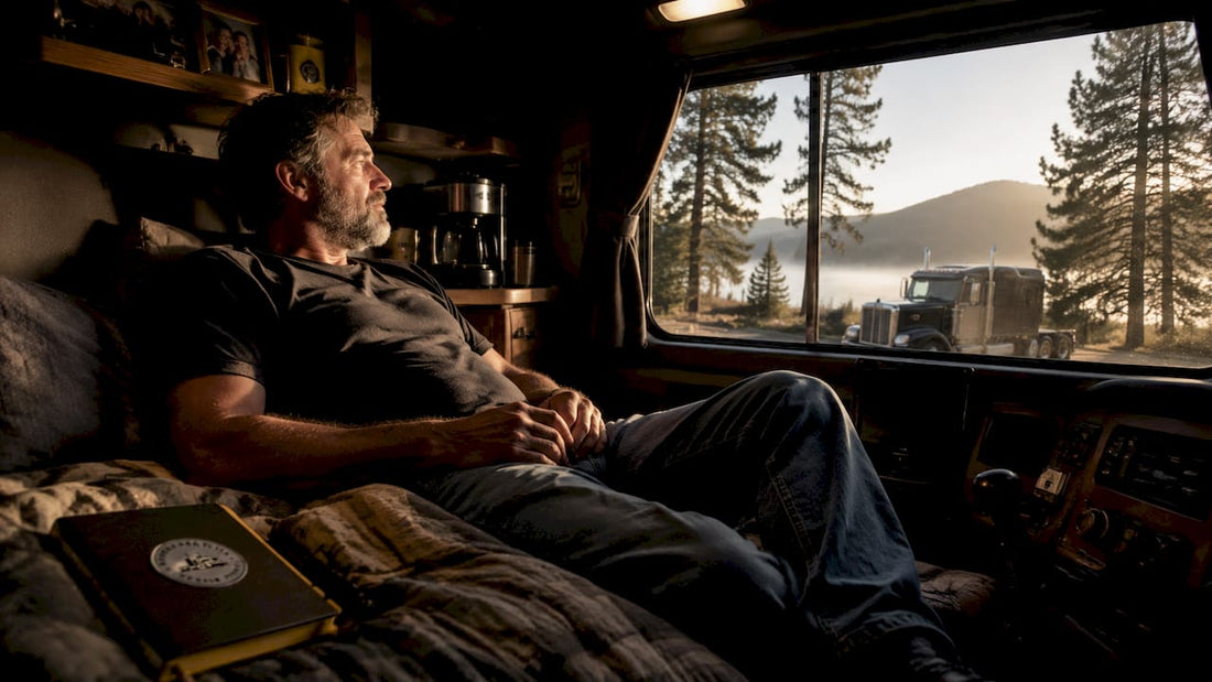 Inside view of truck sleeper berth with resting driver