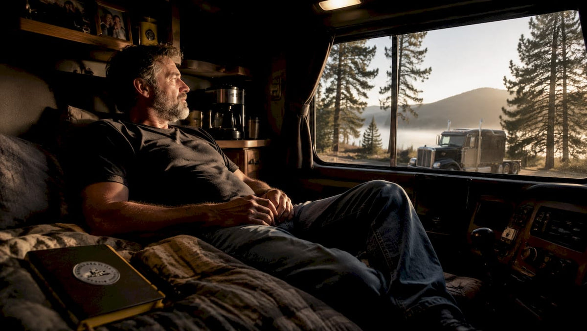 Inside view of truck sleeper berth with resting driver