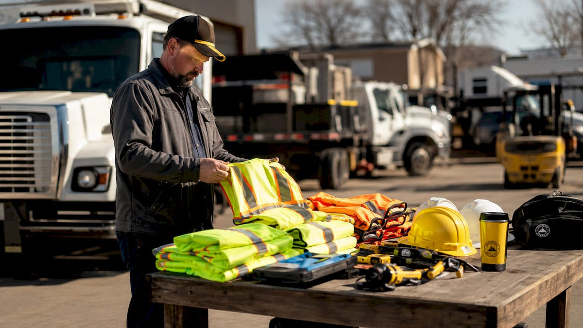 Fleet manager inspecting safety gear in warehouse