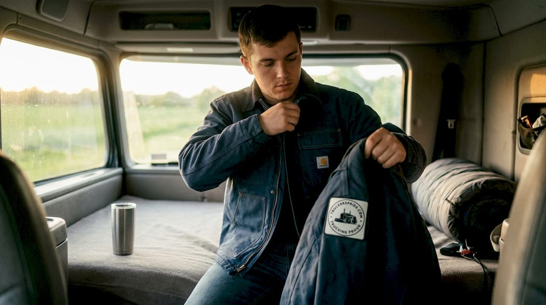 New trucker putting on durable jacket inside truck cab