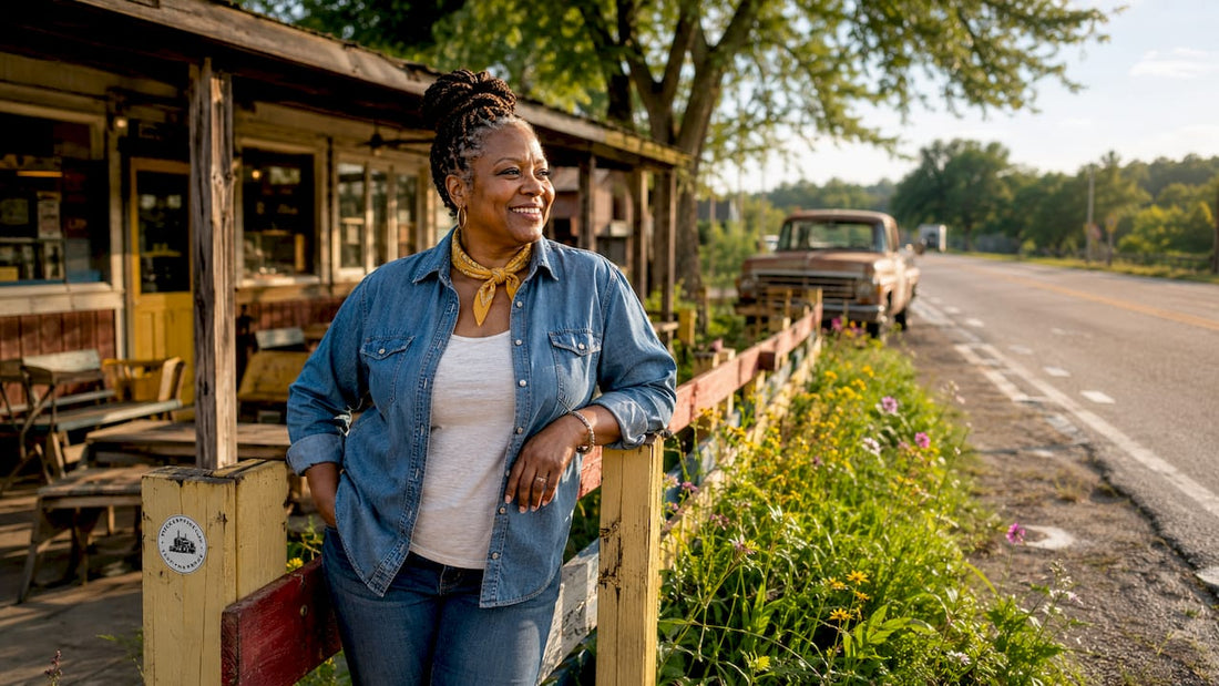 Woman standing at classic roadside diner