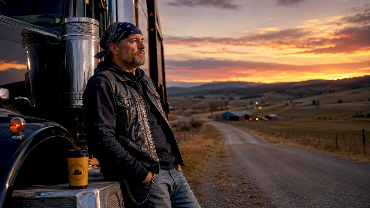 Truck driver by highway at sunrise
