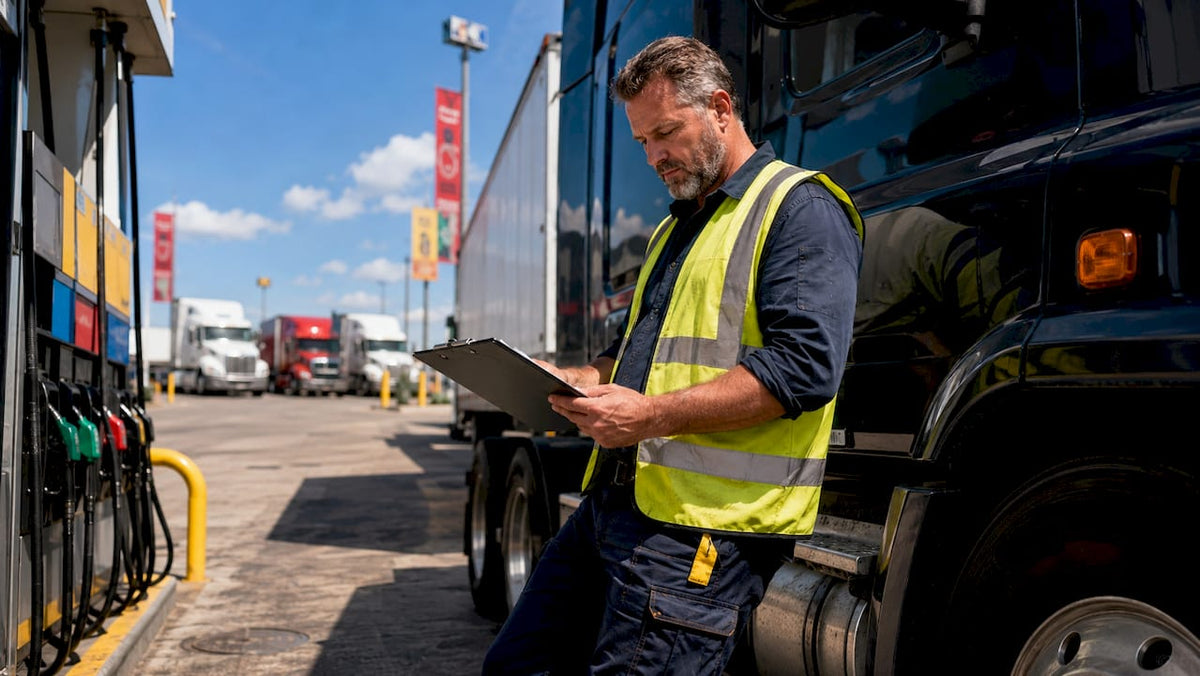 Truck driver wearing certified safety vest at dock