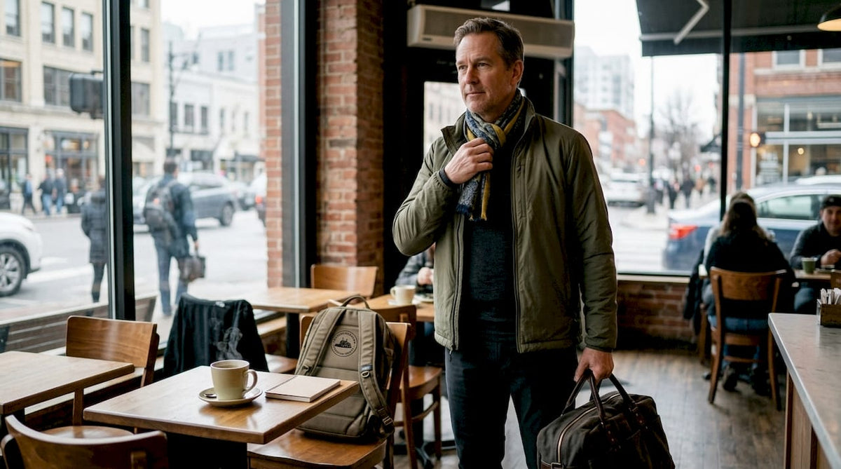 Traveler preparing layered clothing in airport lounge