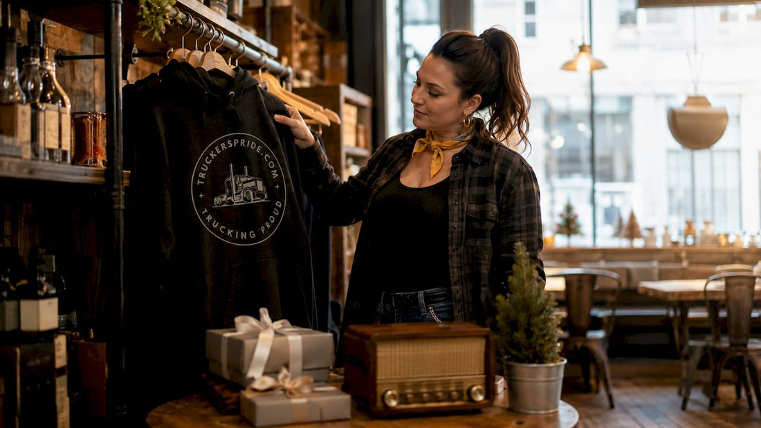 Woman examining trucker hoodie in home office