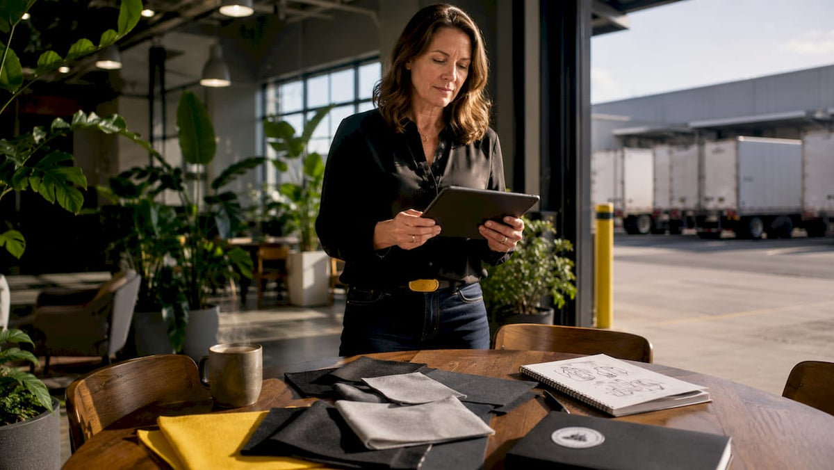 Fleet manager reviewing workwear samples in office