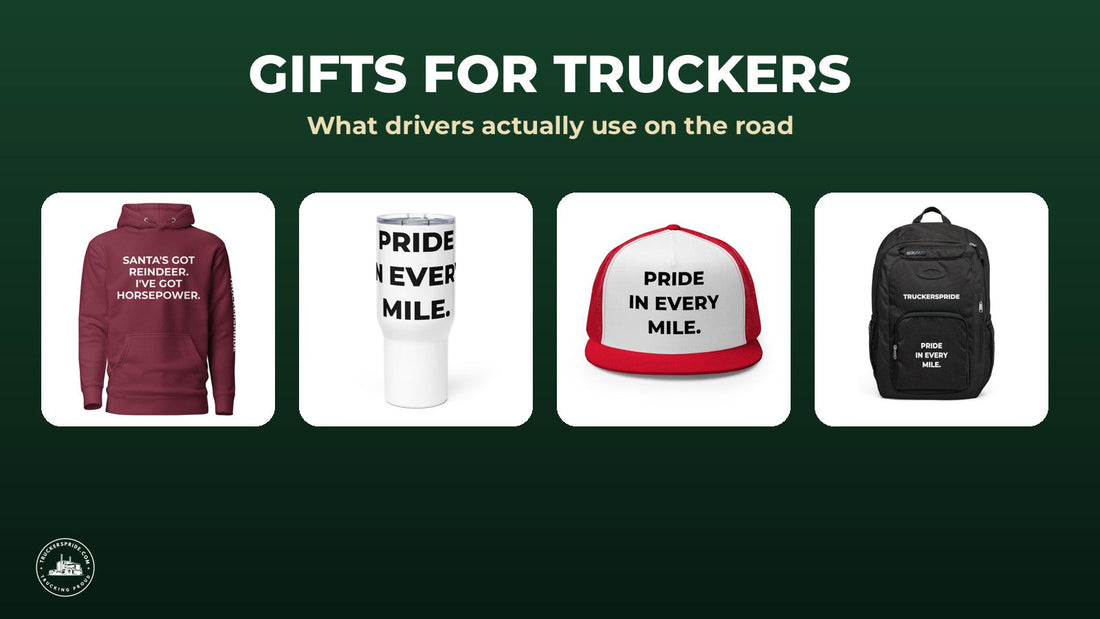 Trucker's Pride gift ideas for truckers: holiday hoodie, travel mug, red and white cap, and backpack