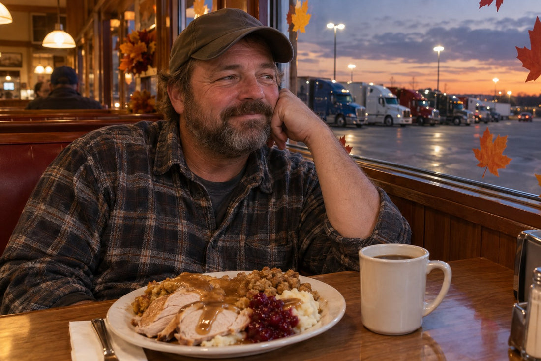 Truck driver enjoying a Thanksgiving turkey dinner in a truck-stop diner with semis parked outside