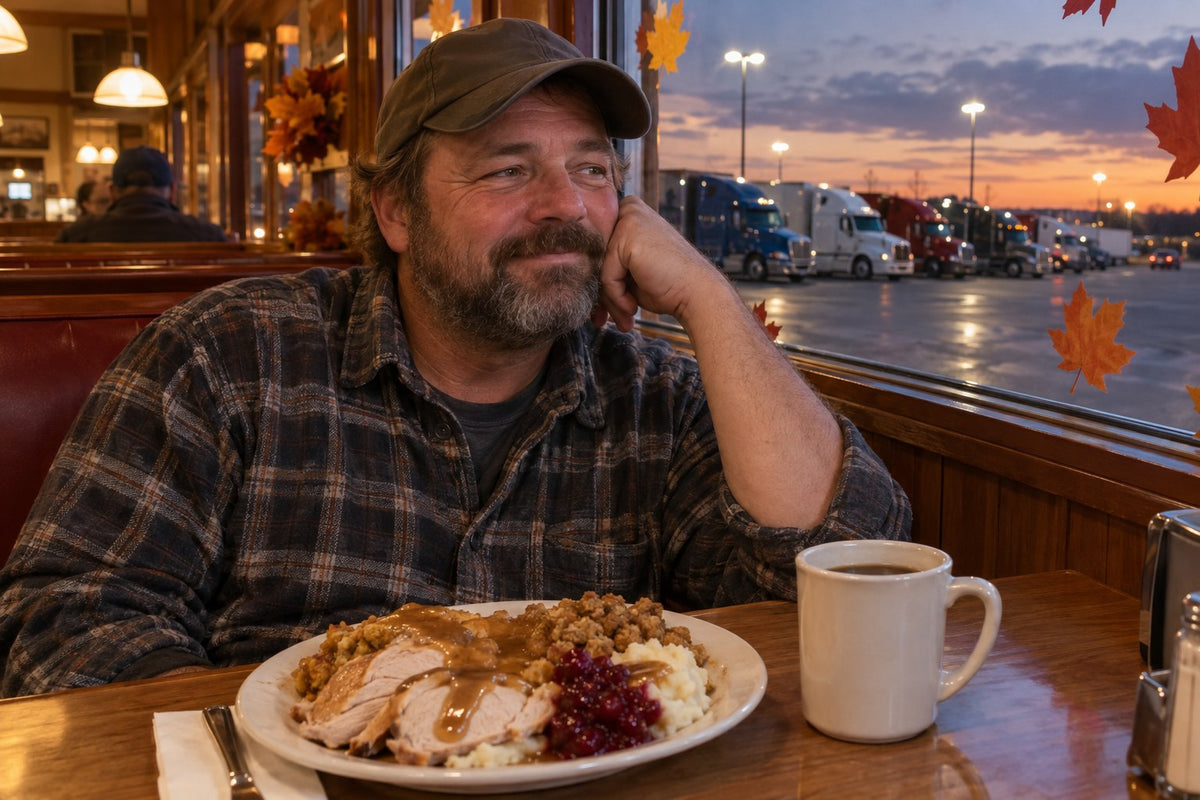 Truck driver enjoying a Thanksgiving turkey dinner in a truck-stop diner with semis parked outside