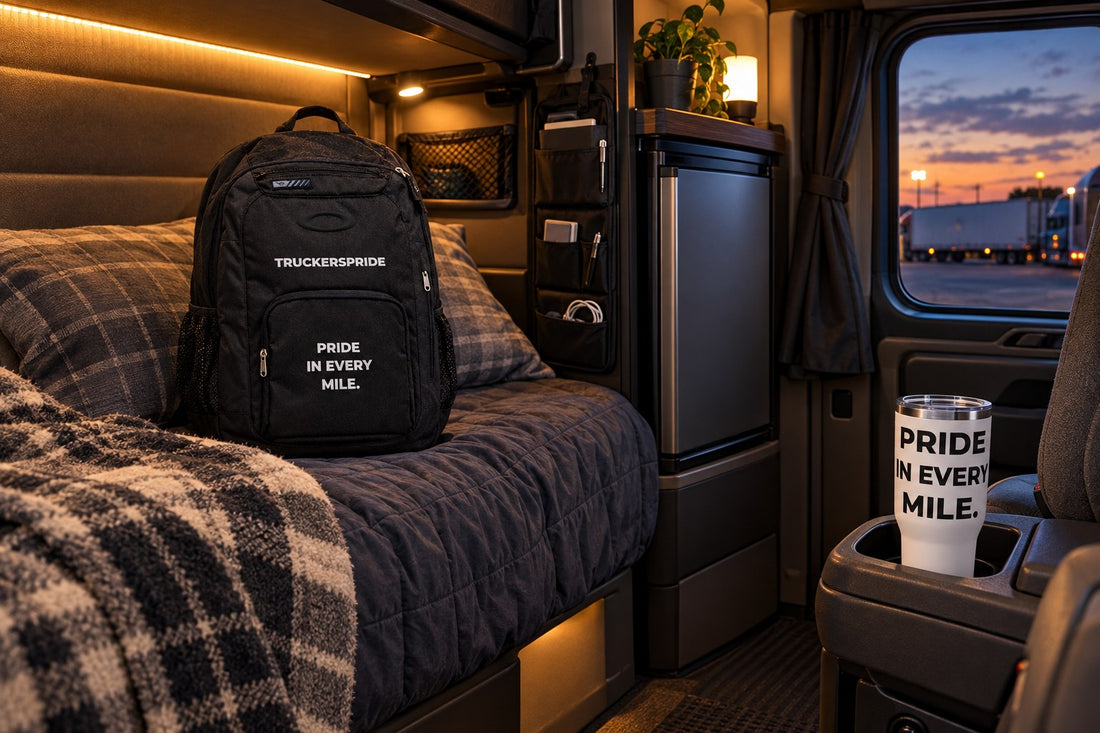 Organized sleeper cab with a Trucker's Pride backpack on the bunk and a travel mug in the cup holder