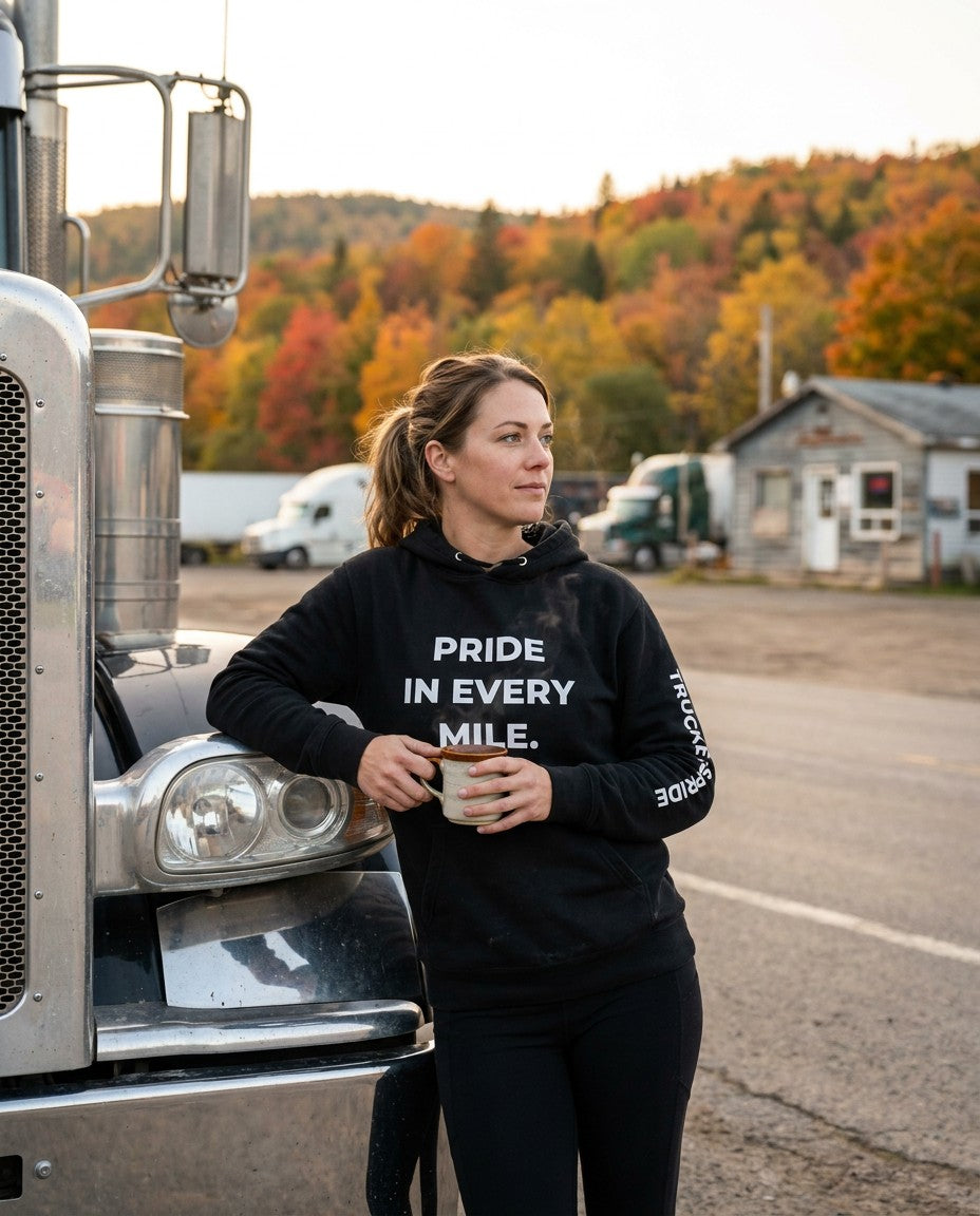 Trucker hoodies: driver in the Pride in Every Mile pullover hoodie with coffee beside her truck