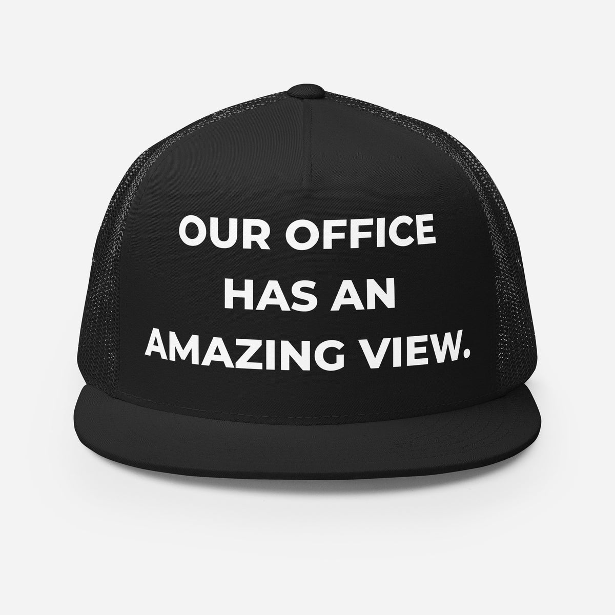 Trucker's Pride Our Office Has an Amazing View Classic Trucker Cap in black, front view