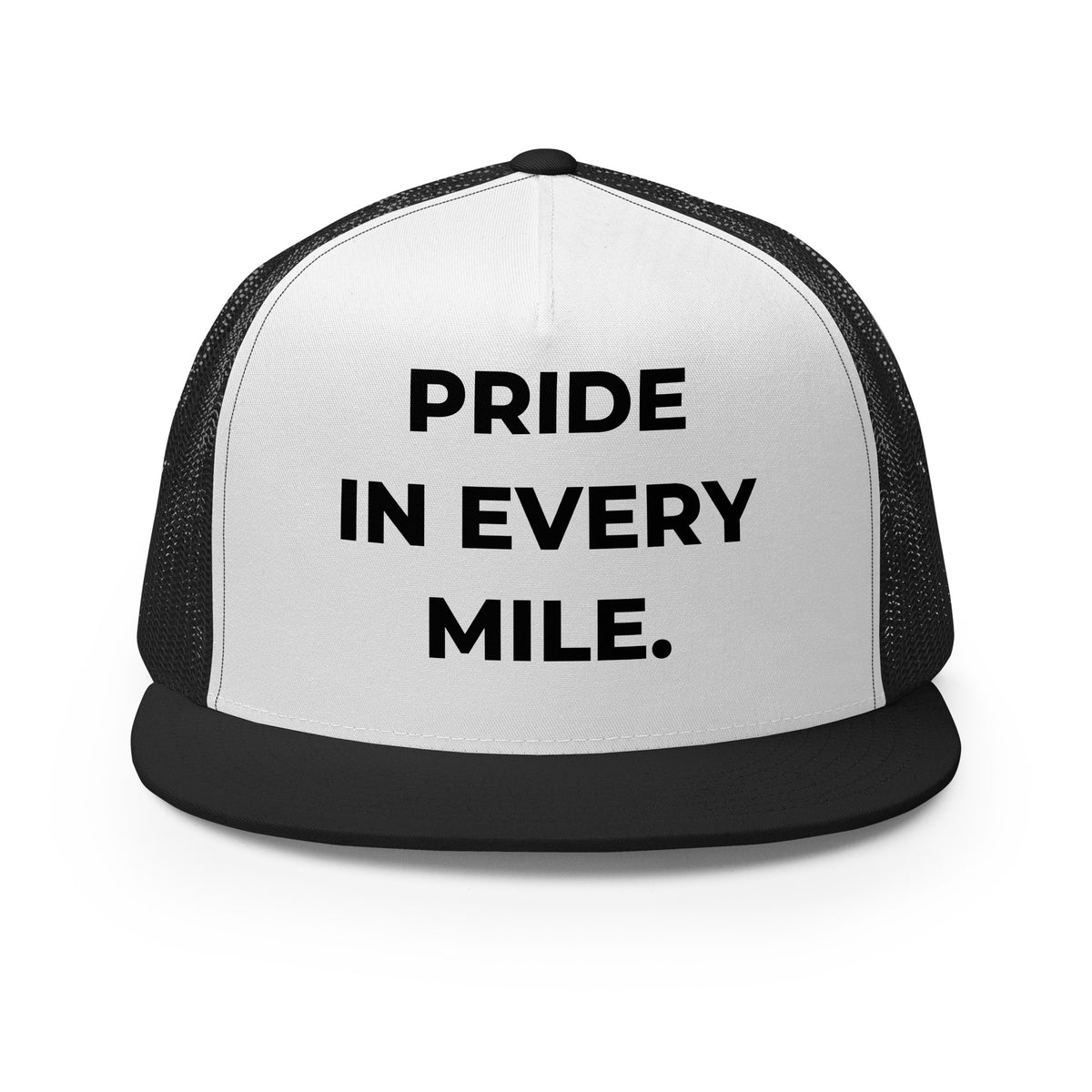 Trucker's Pride Pride in Every Mile Classic Trucker Cap in black and white, front view