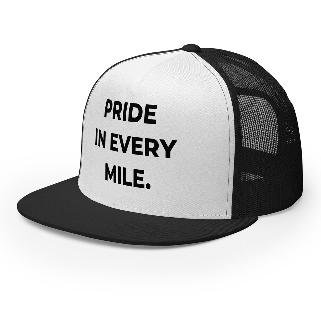 Trucker's Pride Pride in Every Mile Classic Trucker Cap in black and white, front view