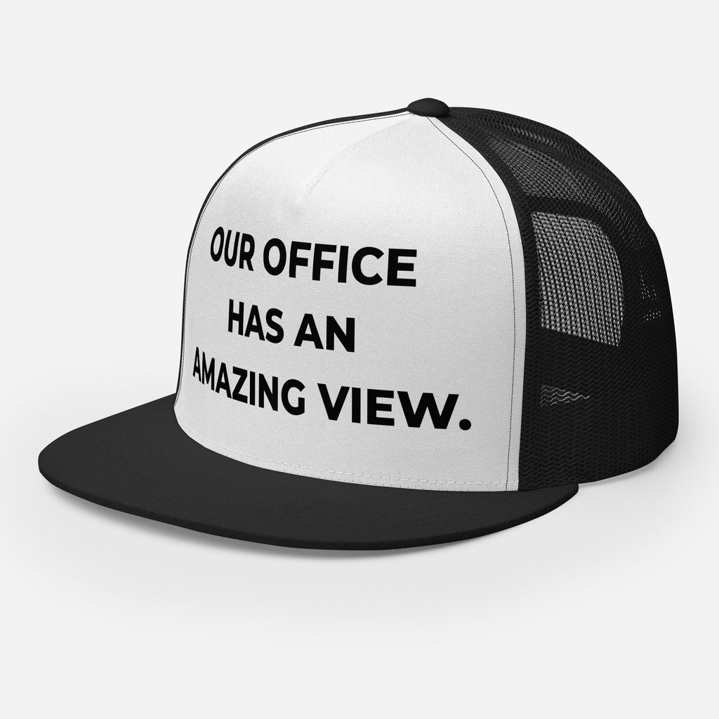Trucker's Pride Our Office Has an Amazing View Classic Trucker Cap in black and white, front view