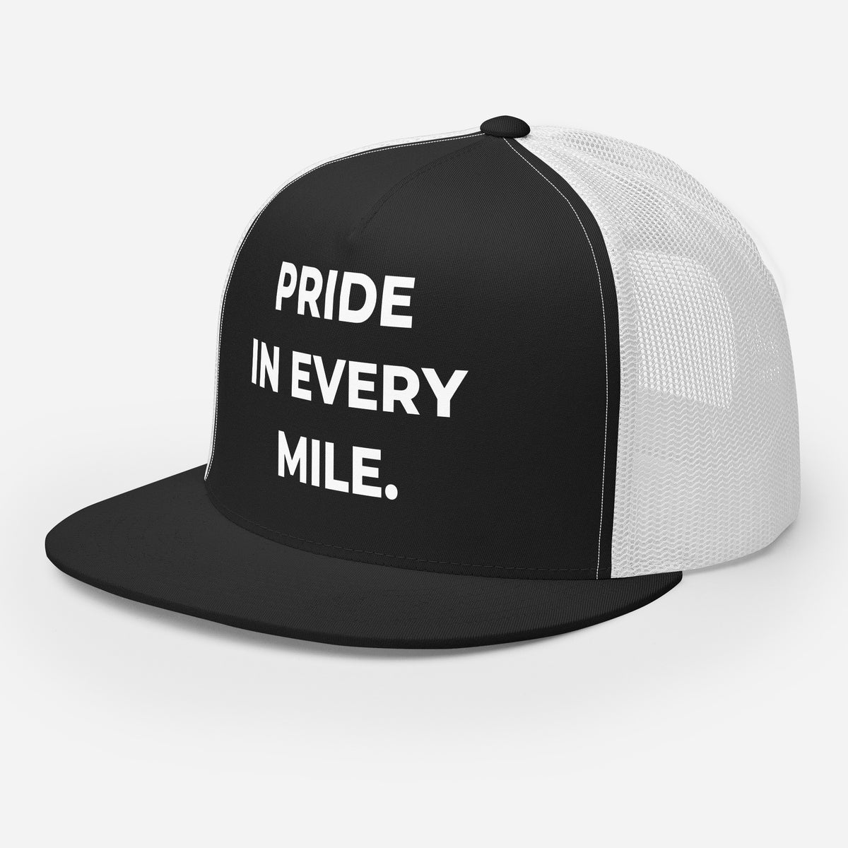 Trucker's Pride Pride in Every Mile Classic Trucker Cap in black and white, front view