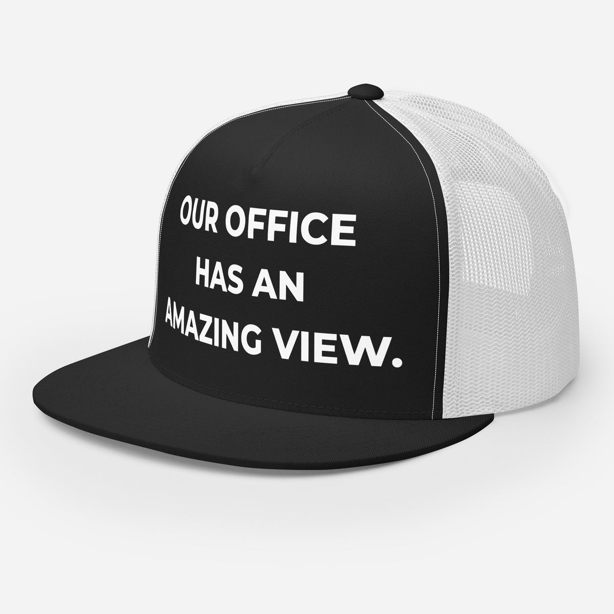 Trucker's Pride Our Office Has an Amazing View Classic Trucker Cap in black and white, front view
