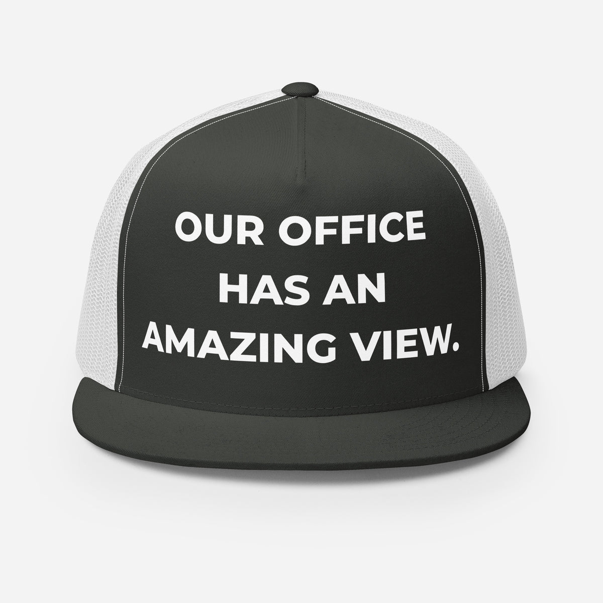Trucker's Pride Our Office Has an Amazing View Classic Trucker Cap in white, front view
