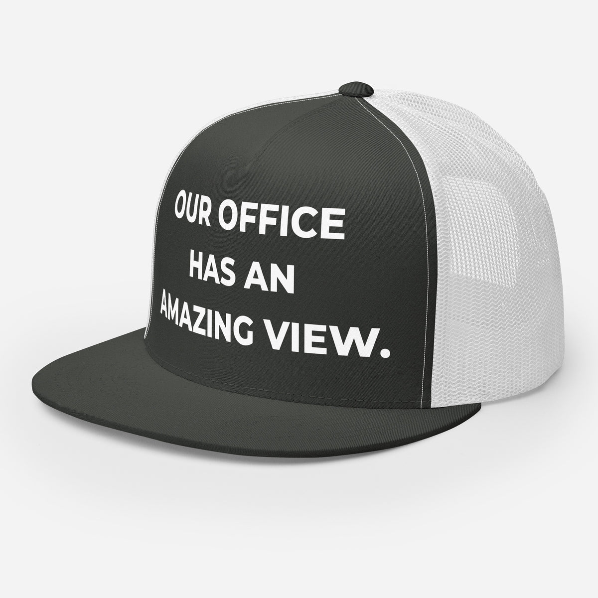 Trucker's Pride Our Office Has an Amazing View Classic Trucker Cap in white, front view