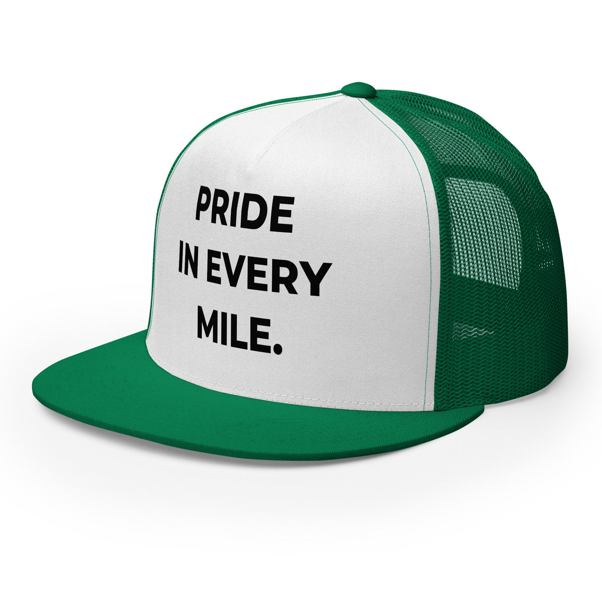 Trucker's Pride Pride in Every Mile Holiday Classic Trucker Cap - Red & Green in kelly green and white, front angle view