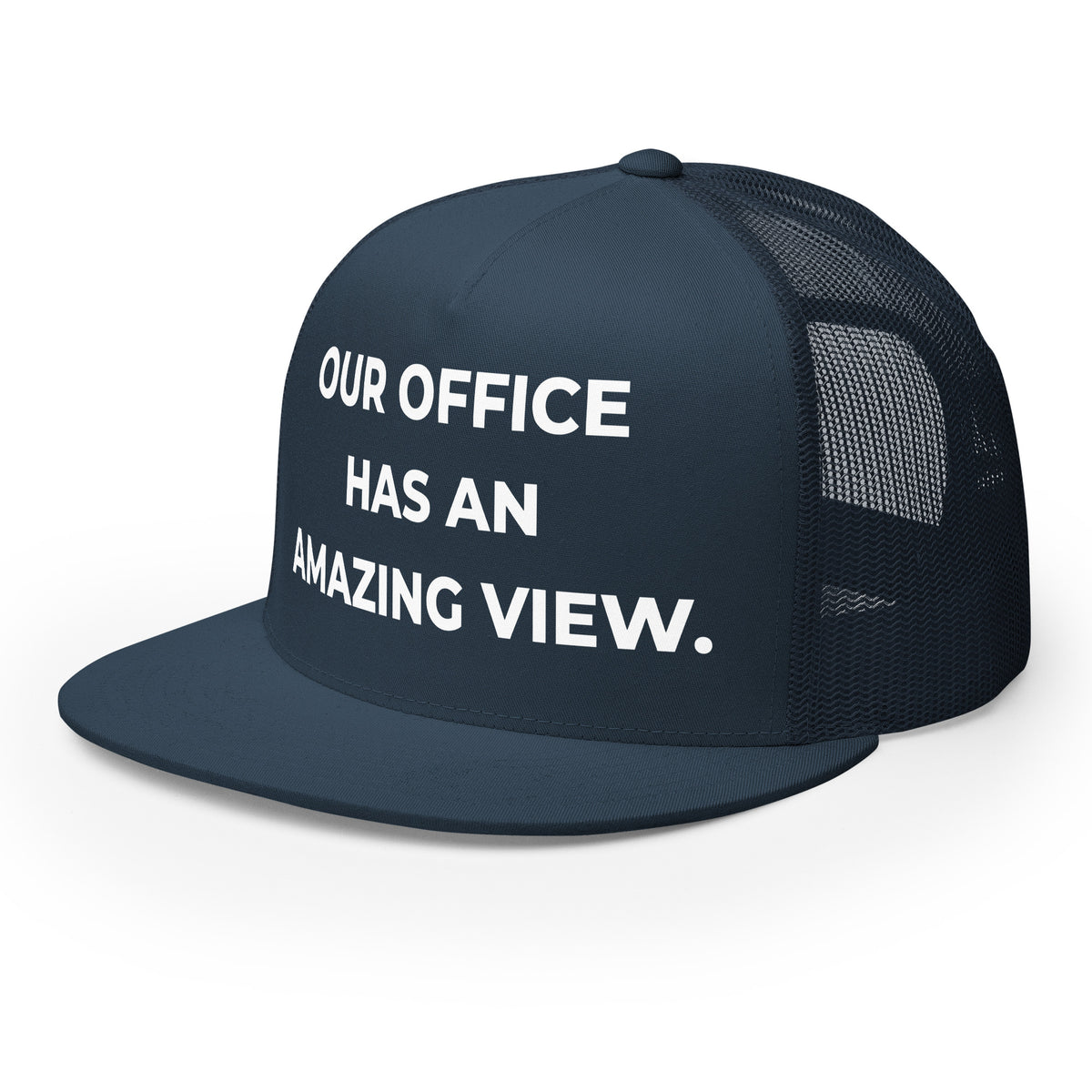 Trucker's Pride Our Office Has an Amazing View Classic Trucker Cap in navy, front view