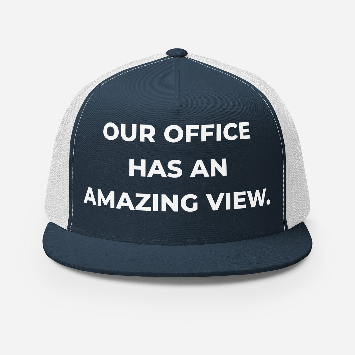 Trucker's Pride Our Office Has an Amazing View Classic Trucker Cap in navy and white, front view