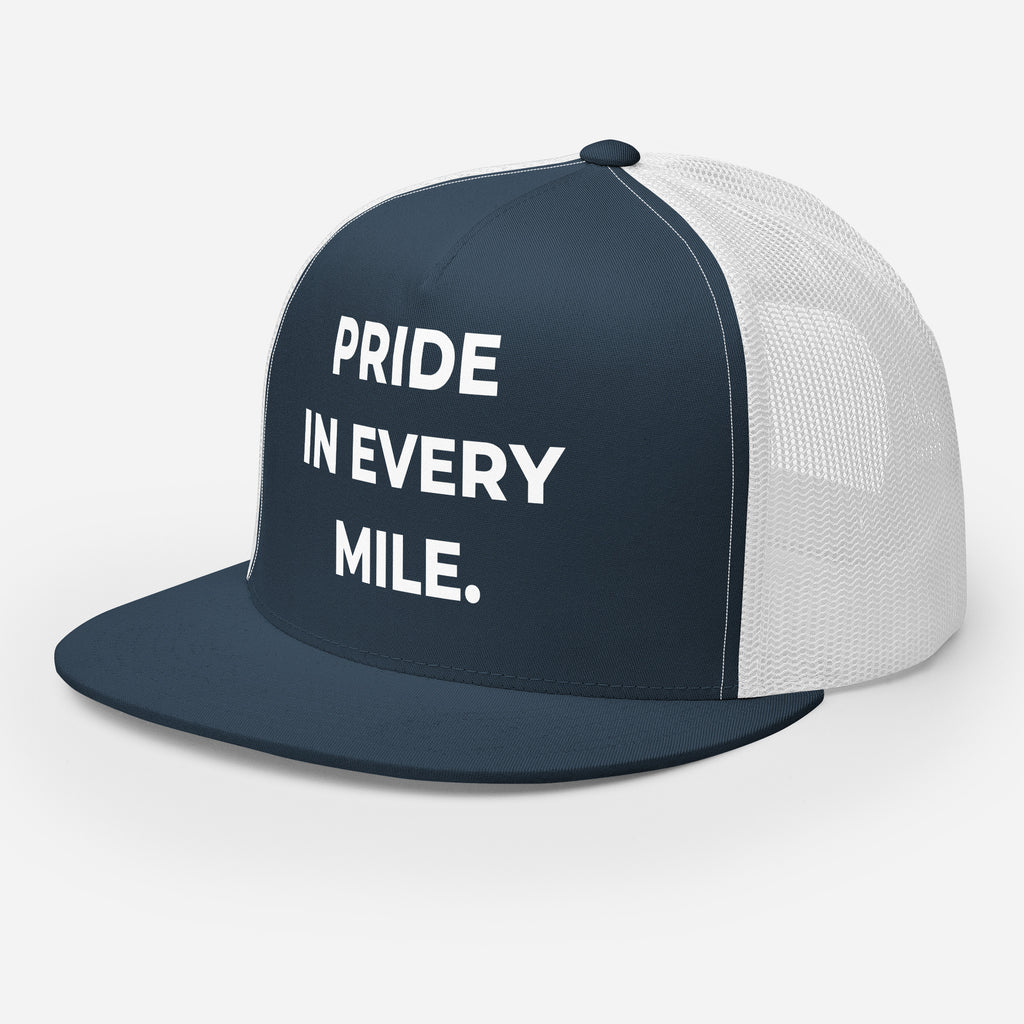Trucker's Pride Pride in Every Mile Classic Trucker Cap in navy and white, front view