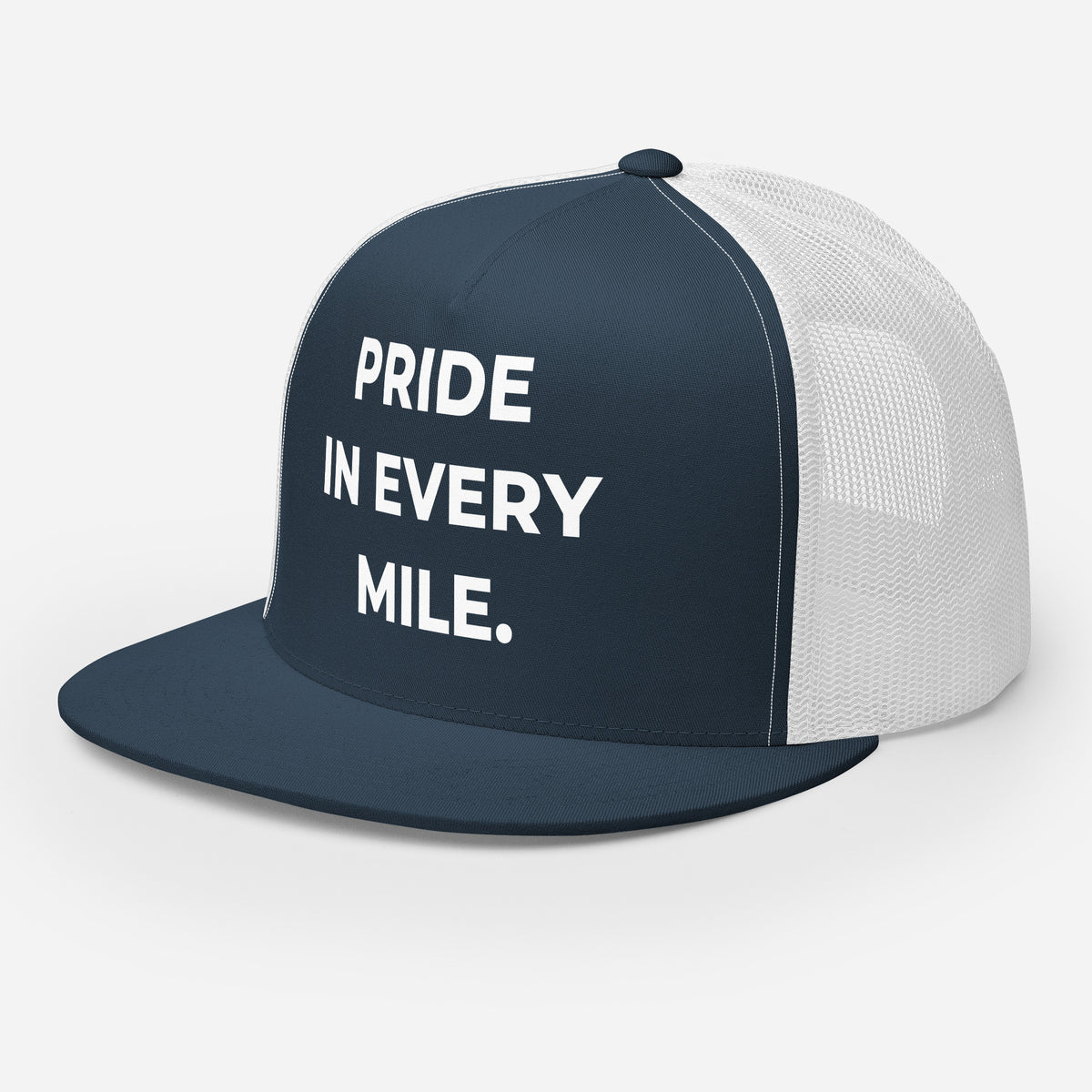 Trucker's Pride Pride in Every Mile Classic Trucker Cap in navy and white, front view