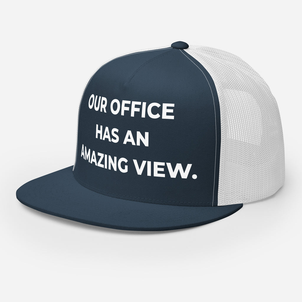 Trucker's Pride Our Office Has an Amazing View Classic Trucker Cap in navy and white, front view