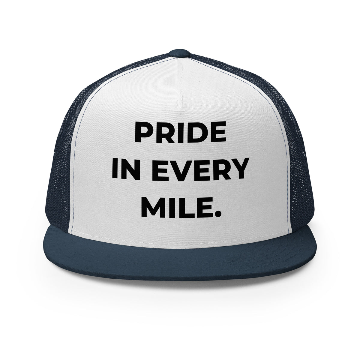 Trucker's Pride Pride in Every Mile Classic Trucker Cap in navy and white, front view