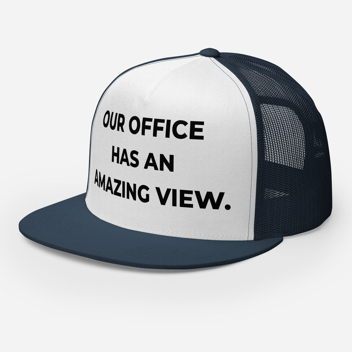 Trucker's Pride Our Office Has an Amazing View Classic Trucker Cap in navy and white, front view