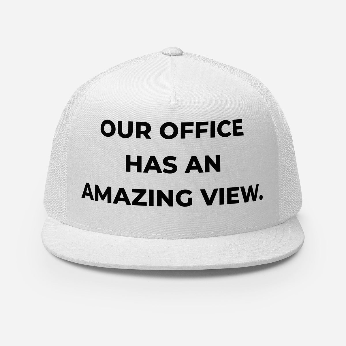 Trucker's Pride Our Office Has an Amazing View Classic Trucker Cap in white, front view