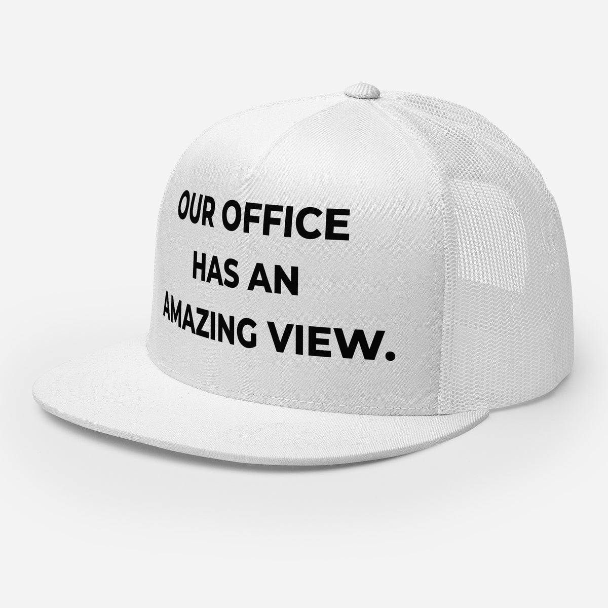 Trucker's Pride Our Office Has an Amazing View Classic Trucker Cap in white, front view